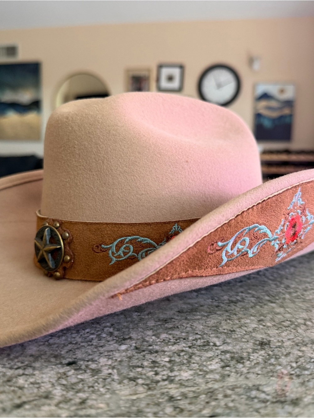 Women’s Pink Embroidered Western Felt Hat with Suede Band and Concho
